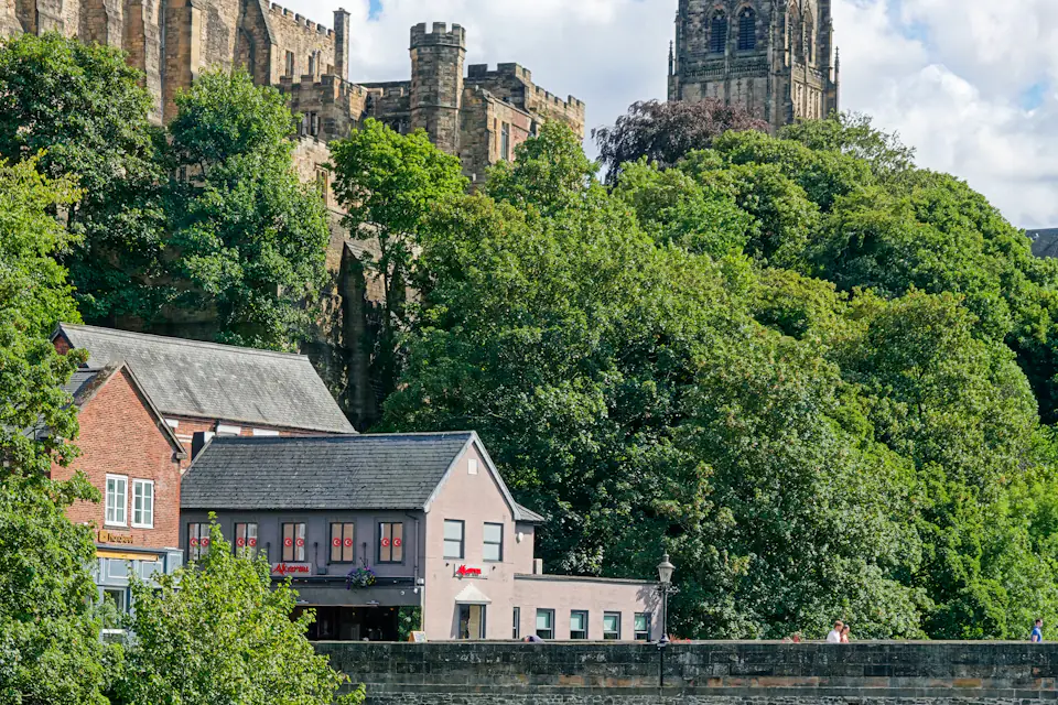 Stone arch bridge over the River Wear below Durham Cathedral and Castle