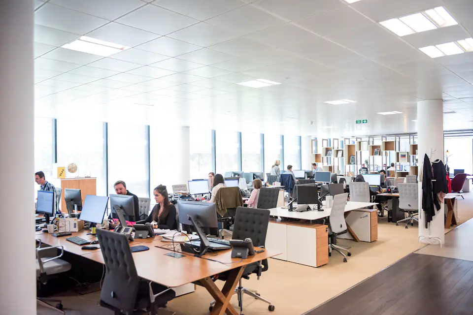Open plan office before a Newcastle office move People working at desks in a busy open plan office